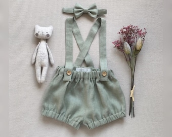 Baby outfit Boys linen suspender shorts Cake smash outfit Boys linen bow tie Baby boy christening gown Baptism suit Baby linen bloomers