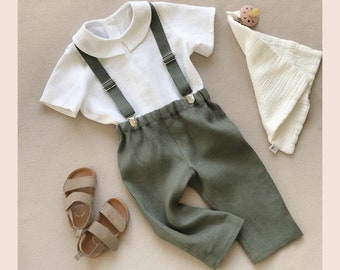 Boys linen outfit Baby boy baptism suit Ring bearer outfit Boys linen shirt Boys linen suspender pants set Beach weadding
