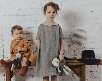 Mädchens Leinenkleid Matrosenkleid Vintage Leinenkleid Kleinkind Mädchen Kleid mit Matrosenkragen Natürliches Leinenkleid Kurzarm Kleid