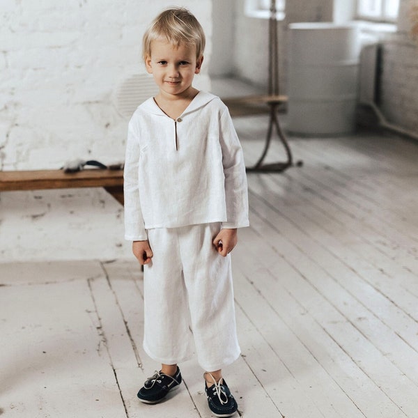 Boys linen outfit White linen shirt and pants set Sailor collared shirt Nautical party custome Birthday party Beach wedding outfit