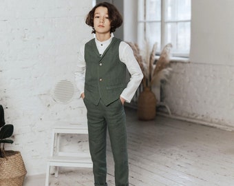 Sage green linen outfit, Boys natural line trousers and vest suit, Page boy outfit Boys summer linen pants, Boys holiday outfit