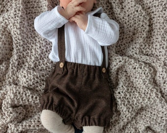 Baby boy outfit Wool bloomers with straps Toddler boy suspender shorts Bubble shorts Baby warm shorts Tweed bloomers