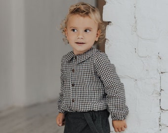 Baby linen shirt Baby boy collared shirt Baby long sleeve shirt Puff sleeve shirt Ring bearer outfit Baby photo shoot Checkered shirt