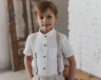 Boys wedding shirt White linen shirt Mandarin collar shirt Page boy shirt Boys holiday shirt with short sleeves