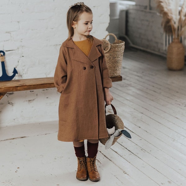 Girls summer coat Spring linen coat with lapel collar Relaxed fit coat Dropped shoulders coat Double breasted coat with pockets