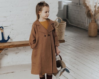 Girls summer coat Spring linen coat with lapel collar Relaxed fit coat Dropped shoulders coat Double breasted coat with pockets