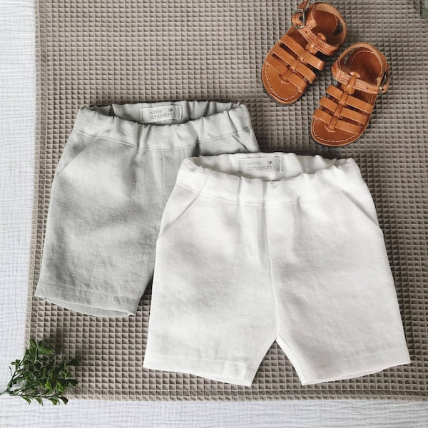 Short en lin pour garçon Pantalon en lin pour bébé garçon Tenue d'été pour mariage à la plage Short en lin blanc