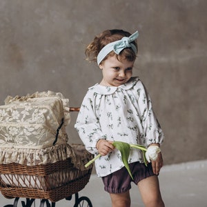 Baby girl muslin bouse, toddler girl muslin top puff sleeves, Peter Pan collar shirt double gauze cotton, Gift for baby girl image 1