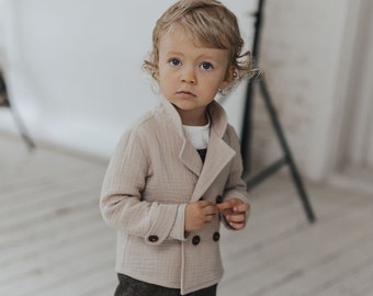 Baby Jungen Cardigan Baby Musselin Jacke Doppelbrust Mantel Kleinkind Junge Blazer Mandarin Kragenjacke