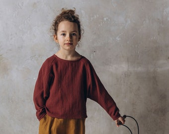 Blouse en mousseline pour fille, haut en mousseline d'été, vêtements d'été en mousseline, haut à manches longues pour petite fille en mousseline, cadeau pour les filles