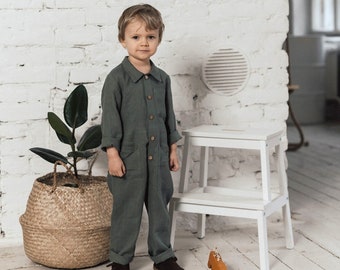 Boys linen overall Toddler boy playsuit Girls linen jumpsuit Toddler linen romper Long sleeve romper Safari style outfit