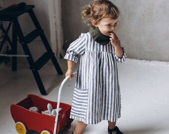 Toddler girl linen dress, Girls striped linen dress Holiday dress Linen summer dress, Girls baptism dress, Gift for girls