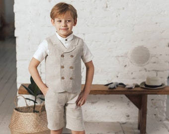 Boys linen suit Double breasted linen vest and shorts set Ring bearer outfit Page boy suit Boys linen vest with lapel collar Linen shorts