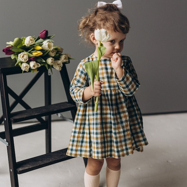 Robe bébé fille en mousseline, robe d'été en gaze organique, robe boutonnée, cadeaux robe en coton à carreaux pour tenue en mousseline vichy fille