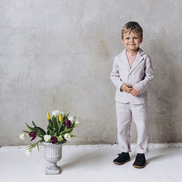 Toddler boy linen suit, Boys linen pants and jacket outfit, Boys chino pants casual trousers, Boys summer linen blazer, Baptism outift