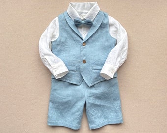 Ring bearer outfit light blue linen suit, Boys white linen shirt, Linen vest and shorts set Toddler boy linen bow tie, Boys festive outfit