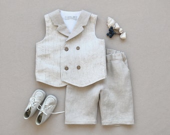 Ring bearer outfit Boys linen suit Double breasted vest with lapel collar Boys linen shirt Beige striped waistcoat Boys linen shorts