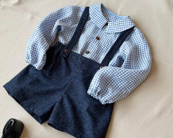 Baby boy outfit 1st birthday outfit Baby suspender shorts set Ring bearer outfit Baby suistainable clothes Special occassion suit