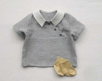 Chemise en lin bébé garçon Chemise col en lin naturel Chemise manches courtes demi boutonnage Chemise vichy bébé Chemise été bébé