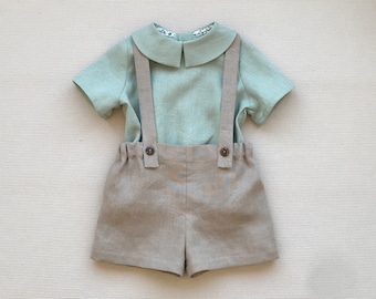 Baby boy linen outfit Linen shorts with braces Collared linen shirt Paeter Pan collar Boys linen shirt Toddlre boy shorts with straps