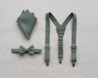 Ensemble de 3 pièces Noeud papillon, porte-jarretelles et mouchoir de poche en lin vert Ensemble de noeuds papillon pour garçons Ensemble de bretelles en lin