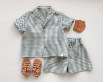 Boys linen outfit Boys Safari outfit Linen shirt and shorts set Summer linen outfit, Page boy outfit, Sage green Plaid linen outfit