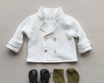 Baby boy cardigan Baby muslin jacket Double breasted coat Toddler boy blazer Mandarin collar jacket Baby summer blazer Toddler muslin coat