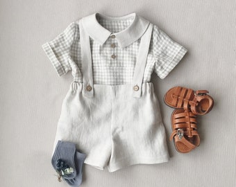 Boys linen outfit Baby boy linen shirt and shorts set Baby vintage outfit Linen shirt with collar Suspender shorts set Baby summer set