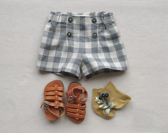 Baby boy summer shorts Baby linen short Grey gingham linen shorts Flat front shorts Baby diaper cover Toddler linen shorts