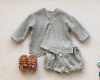 Baby boy linen outfit Natural linen shirt and shorts set Baby outfit for baptism Christening gown Baby bloomers Toddler boy set