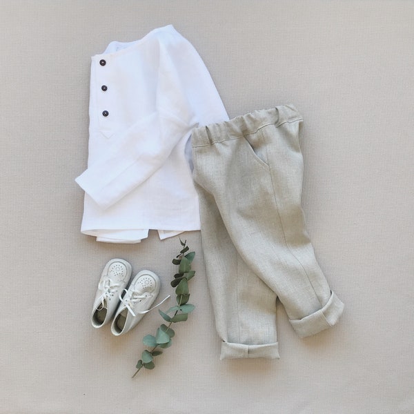 Conjunto de camisa y pantalón de lino para niños Camisa de lino de manga larga Traje de lino para niño pequeño Traje de portador de anillo Camisa de medio botón Camisa gingham de verano