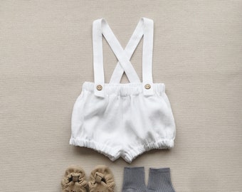 Baby white outfit Baby boy linen bloomers with straps Baby baptism outfit Cake smash outfit Baby boy bloomers Diaper cover Linen outift