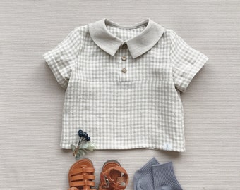 Baby boy linen shirt Natural linen shirt with collar Half button fastening shirt with short sleeves Baby gingham shirt Baby summer shirt