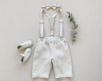 Boys suspender shorts set with bow tie Boys linen shorts Boys ow tie Linen suspenders Page boy outfit Special occassion Family photo outfit