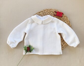 Baby girl shirt Collared top with long sleeves Boys muslin top Peter Pan collar top Neutral gender shirt Baby girl white blouse