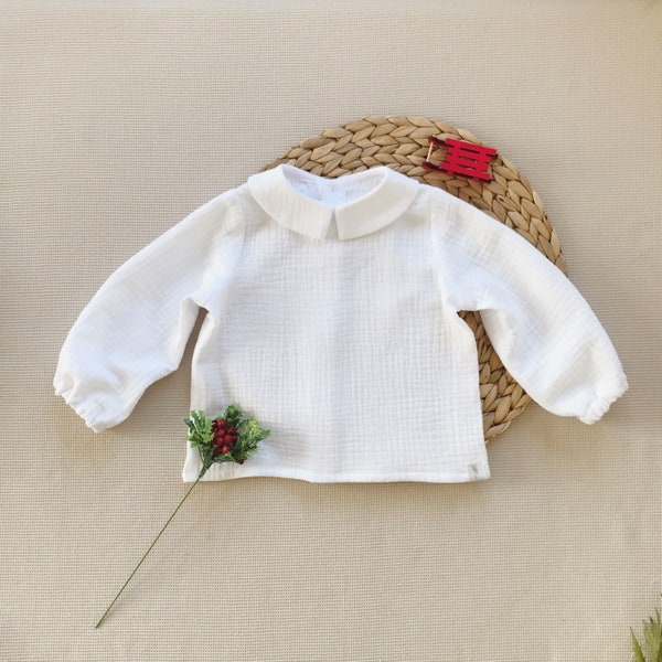 Baby girl shirt Collared top with long sleeves Boys muslin top Peter Pan collar top Neutral gender shirt Baby girl white blouse