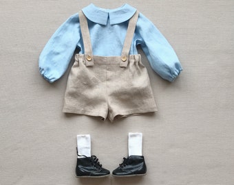 Baby boy baptism outfit Baby linen suspender shorts set Ring bearer outfit Baby sustainable clothes Natural baby clothing gift set