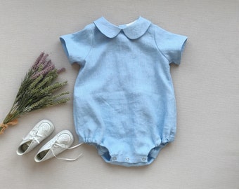 Baby linen romper Baby Christening outfit Light blue ovearll Baby boy linen suit Summer overall with Peter Pan collar Short sleeve romper