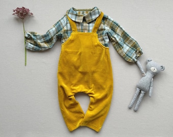 Baby boy girl outift Plaid muslin shirt with collar Velour overall Baby outfit for autumn Puff sleeve blouse Muslin top Velveteen jumpsuit