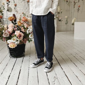 Unisex kids linen pants Baggy linen pants Natural linen trousers with pockets, Boys linen trousers summer pants zdjęcie 1