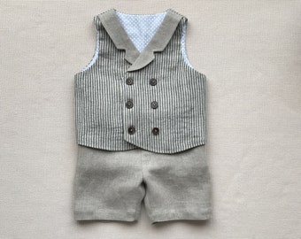 Ring bearer outfit Boys linen suit Double breasted waiscoat with lapel collar Page boy outfit Boys vest and shorts set