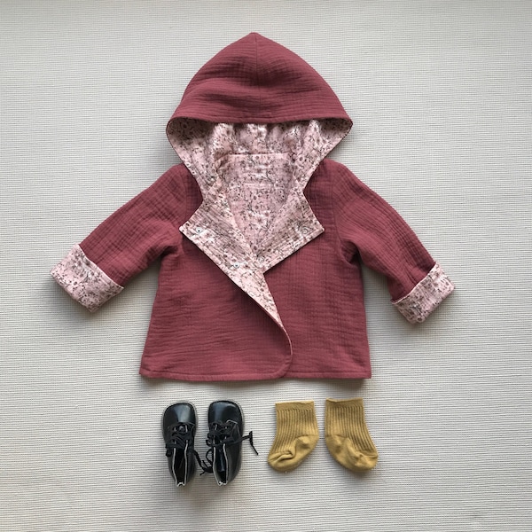 Baby girl coat Hooded muslin cardigan Double creasted jacket for Spring Baby boy blazer 2 tone jacket Muslin coat