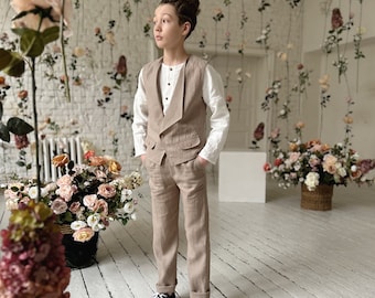 Page boy outfit Natural linen outfit, Boys linen vest and linen trousers set, Boys holiday outfit Baptism linen clothes, Gift for kids