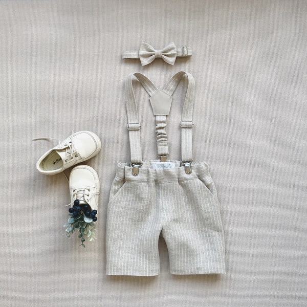 Page boy outfit 3 pcs, Boys suspender shorts set, Linen summer shorts Linen bow tie and suspender set, Beach wedding outfit