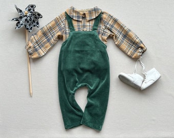 Baby boy or girl shirt and romper set Plaid muslin shirt with collar Velour overall Puff sleeve blouse Muslin top Velveteen green jumpsuit