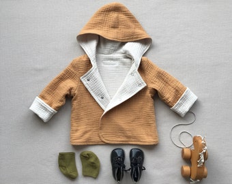 Baby boy jacket Hooded muslin cardigan Double creasted jacket for Spring Baby boy blazer 2 tone jacket Muslin coat Reversible jacket