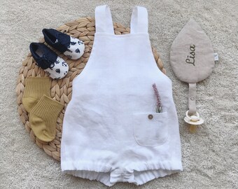 Baby romper Baby linen overall Baptism outfit Baby boy whiite romper Baby girl summer overall Christening outfit 1st birthday party Photo