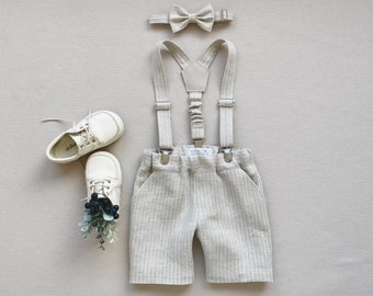 Page boy outfit 3 pcs, Boys suspender shorts set, Linen summer shorts Linen bow tie and suspender set, Beach wedding outfit