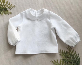 Baby girl linen shirt with puff sleeves Peter Pan collar blouse White linen shirt for toddler girls