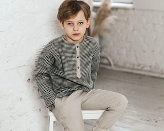 Boys linen shirt and pants set Long sleeve linen shirt Toddler boy linen outfit Ring bearer outfit Half button up shirt Summer shirt